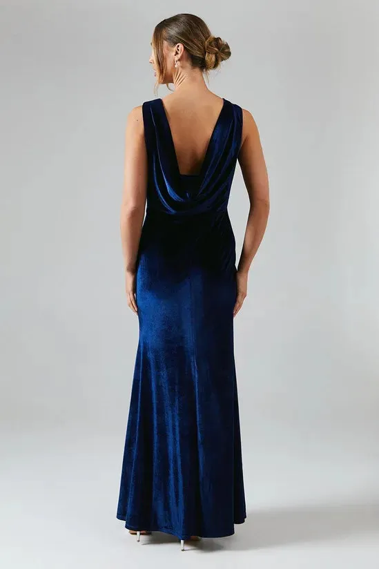 Cowl Back Velvet Bridesmaids Maxi Dress Floor-length Wedding Guest Dresses Cocktail Dresses