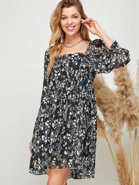 Long Sleeve Floral Lurex Dot Shift Dress