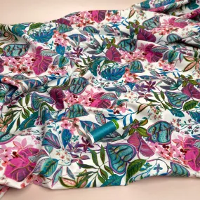 Tropical Foliage in Teal and Pink Cotton Lawn Fabric